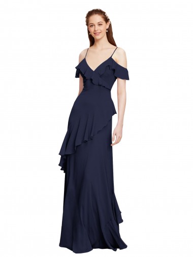 Discount Cascading Ruffles Long Chiffon Bridesmaid Dress with Cold Shoulder