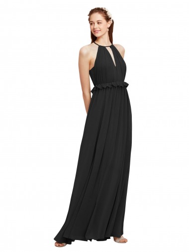 Discount Halter Neck Front Keyhole Chiffon Bridesmaid Dress with Shirred Waist