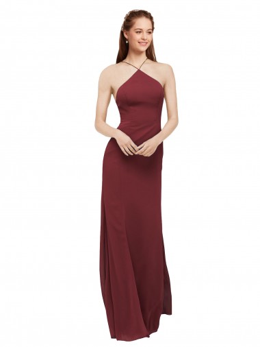 Discount High Halter Neck Long Chiffon Bridesmaid Dress with Low Scoop Back