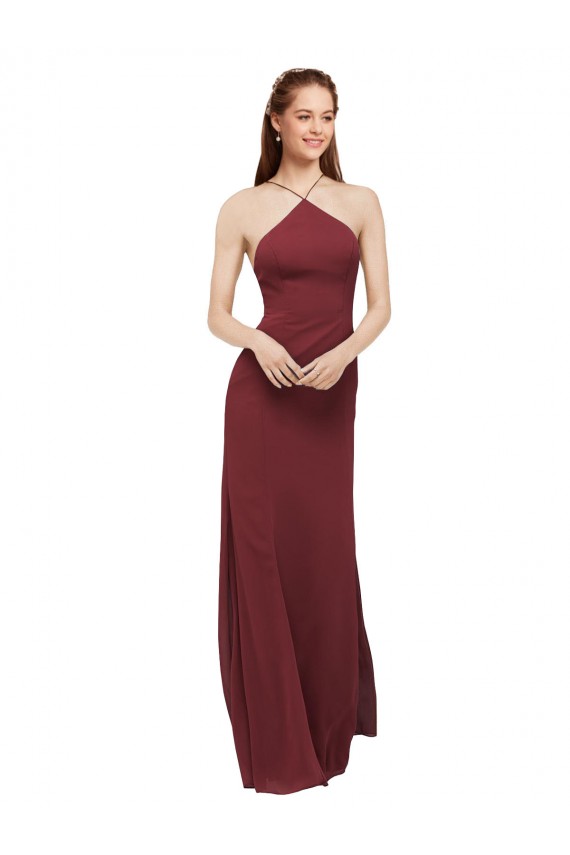 Discount High Halter Neck Long Chiffon Bridesmaid Dress with Low Scoop Back