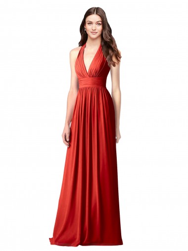 Discount Halter V-Neck A-Line Chiffon Bridesmaid Dress with Shirred Skirt