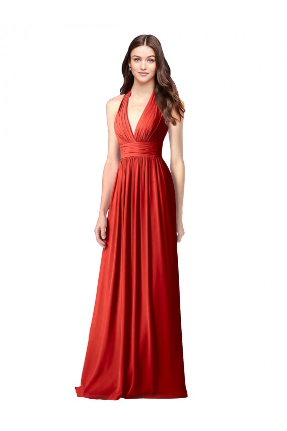 Discount Halter V-Neck A-Line Chiffon Bridesmaid Dress with Shirred Skirt