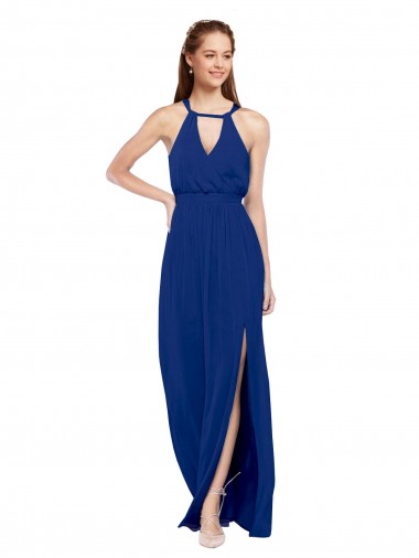 Discount High Keyhole Neck Long Chiffon Bridesmaid Dress with Slit