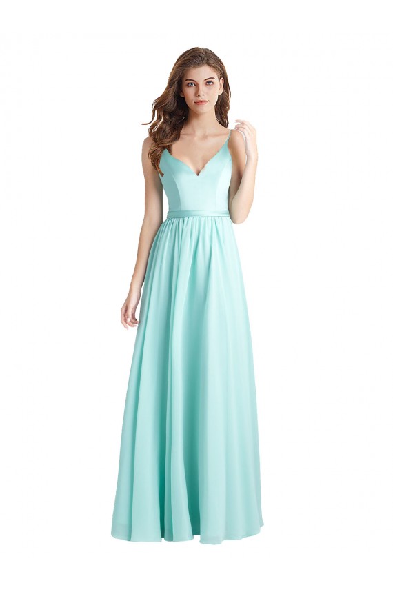 Discount Long V-Neck Chiffon Bridesmaid Dress with Satin Bodice