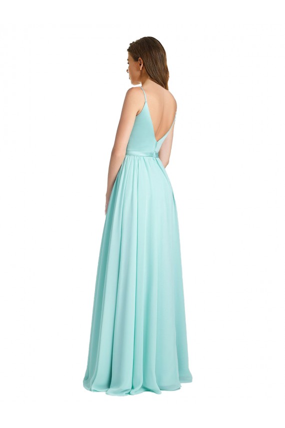 Discount Long V-Neck Chiffon Bridesmaid Dress with Satin Bodice