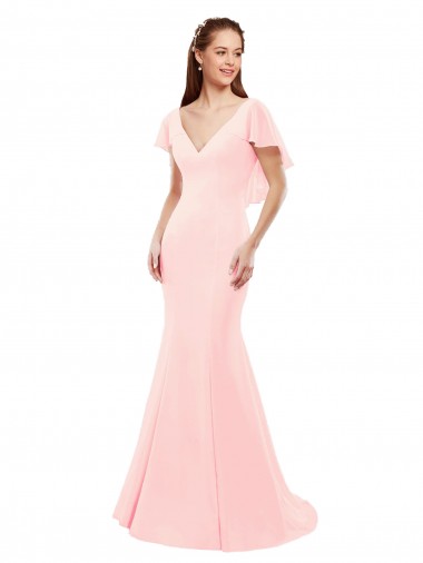 Discount Fit and Flare Chiffon Bridesmaid Dress with V-Neck and Flutter Sleeves