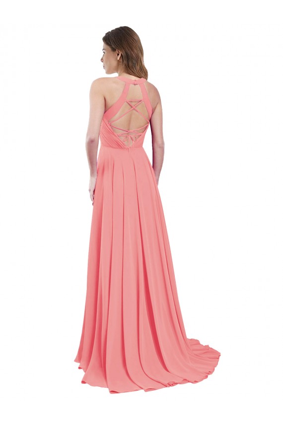Discount Draped A-Line Chiffon Bridesmaid Dress with Halter Keyhole Neckline