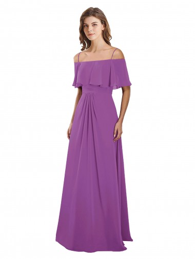 Discount Draped Off The Shoulder Chiffon Bridesmaid Dress with Spaghetti Straps and Ruffled Neckline