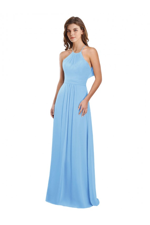 Discount Chiffon A-Line Bridesmaid Dress with Halter Neck and Ruffled Back Straps