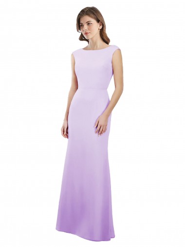 Discount Chiffon Column Bridesmaid Dress with High Round Neckline and Cap Sleeves