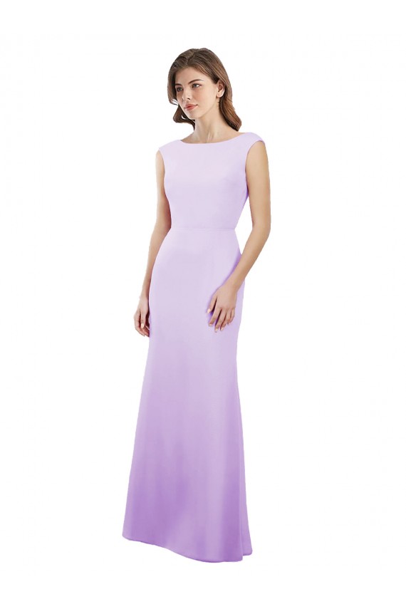Discount Chiffon Column Bridesmaid Dress with High Round Neckline and Cap Sleeves