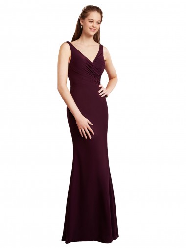 Discount Floor Length Fluted Chiffon Dress with Draped Bodice and V-Neckline
