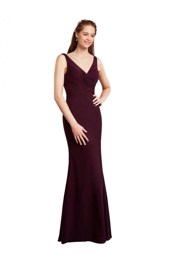 Discount Floor Length Fluted Chiffon Dress with Draped Bodice and V-Neckline