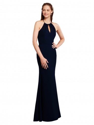 Discount Fluted Long Chiffon Bridesmaid Dress with Halter Neckline and Keyhole