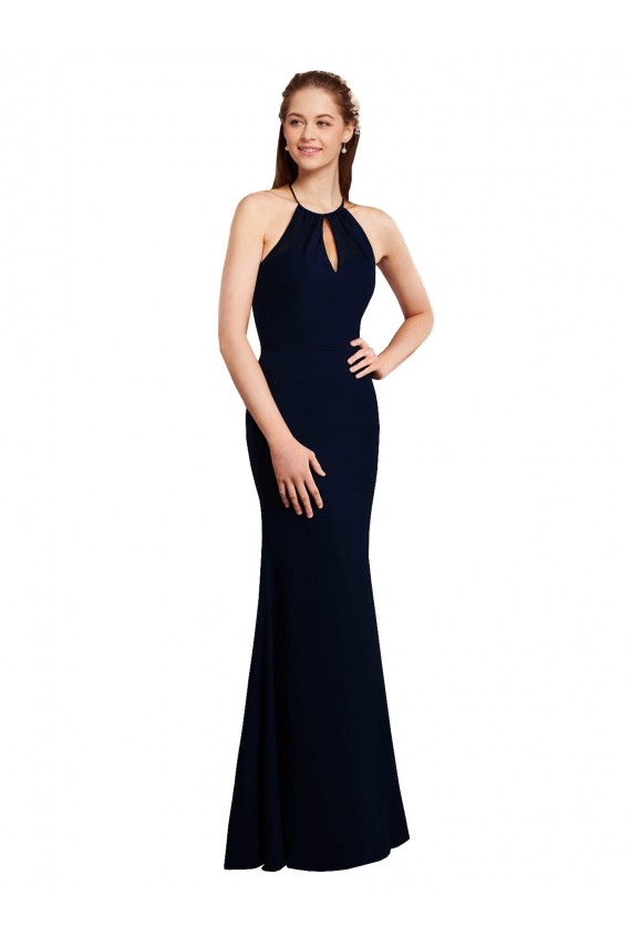 Discount Fluted Long Chiffon Bridesmaid Dress with Halter Neckline and Keyhole