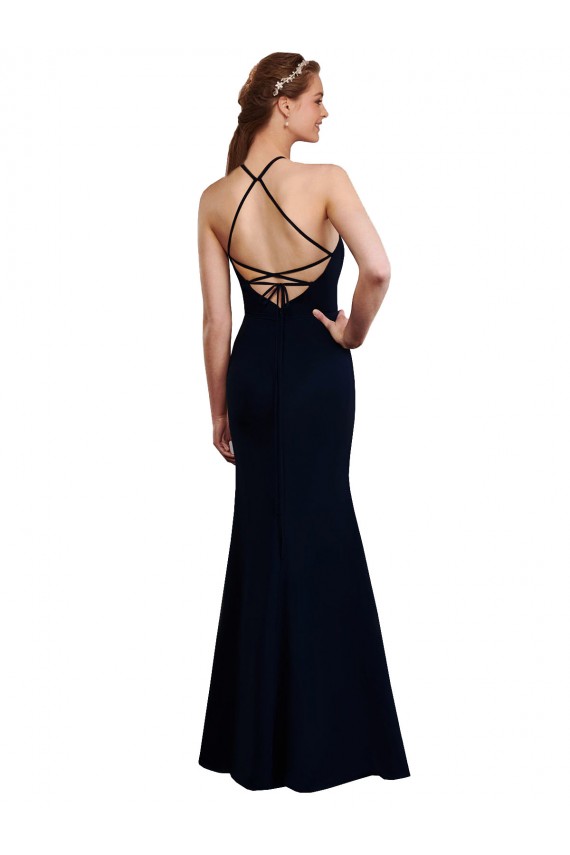 Discount Fluted Long Chiffon Bridesmaid Dress with Halter Neckline and Keyhole