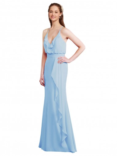 Discount Fluted Long Chiffon Bridesmaid Dress with Cascading Ruffles