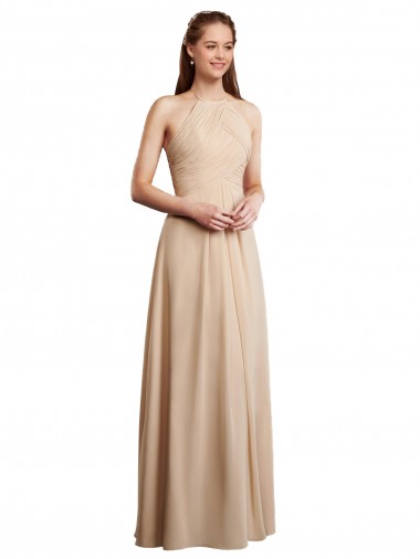 Discount Draped Halter Neck Long Chiffon Bridesmaid Dress with Tie Back