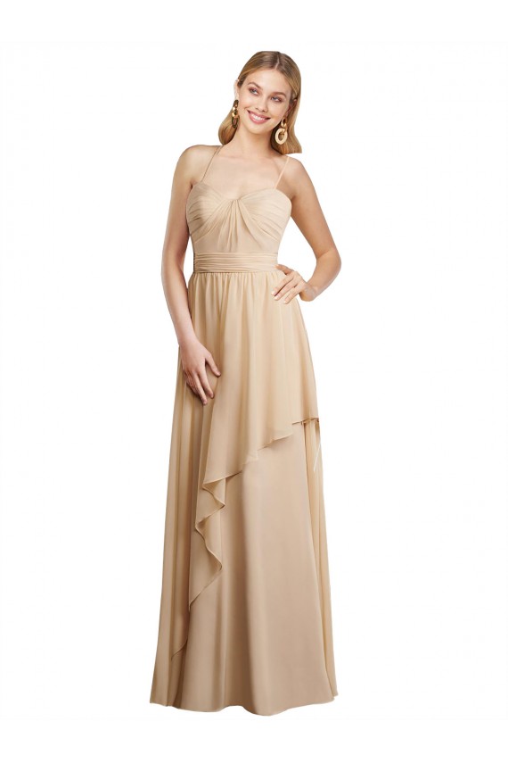 Discount Draped Long Chiffon A-Line Dress with Cascading Ruffles