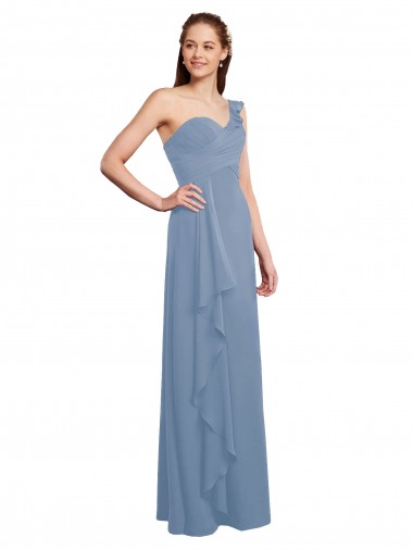 Discount Single Shoulder Strap Long Chiffon Bridesmaid Dress with Cascading Ruffles