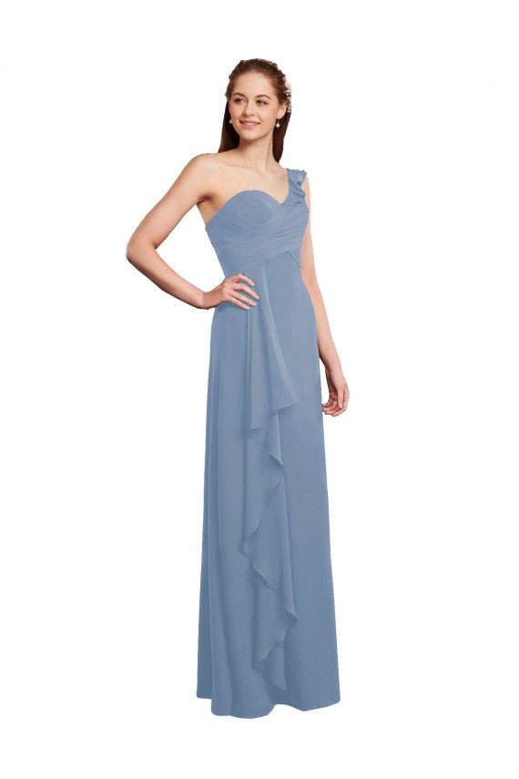 Discount Single Shoulder Strap Long Chiffon Bridesmaid Dress with Cascading Ruffles