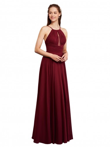 Discount Long A-Line Halter Neck Chiffon Bridesmaid Dress with Draped Bodice