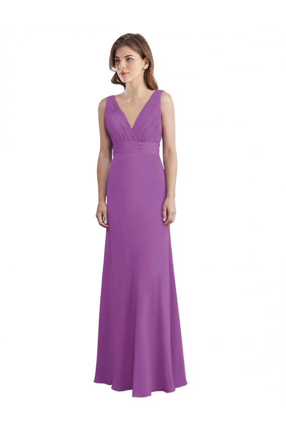 Discount V-Shaped Neckline Long Chiffon Bridesmaid Dress with Cascading Ruffles Back