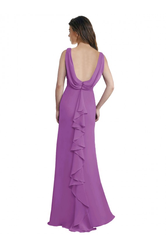 Discount V-Shaped Neckline Long Chiffon Bridesmaid Dress with Cascading Ruffles Back