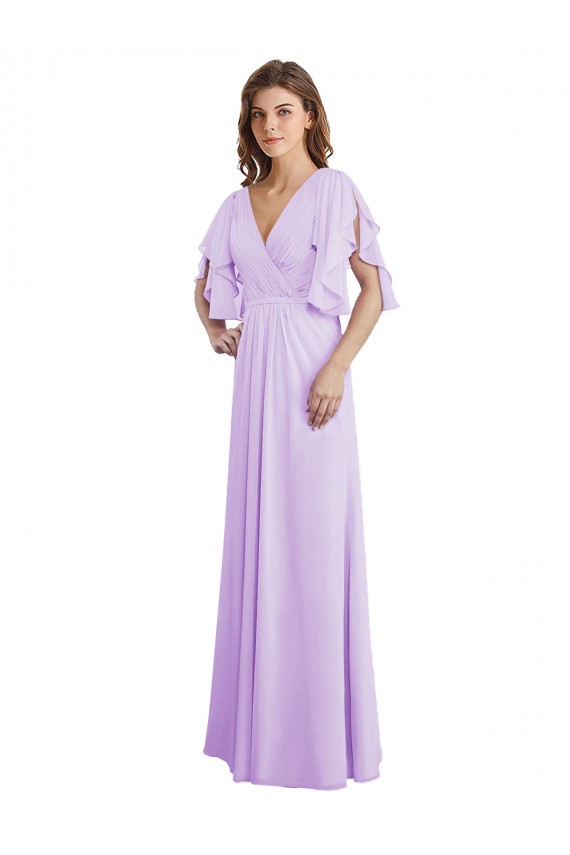 Discount A-Line Draped Chiffon Bridesmaid Dress with V-Neck and Split Sleeves