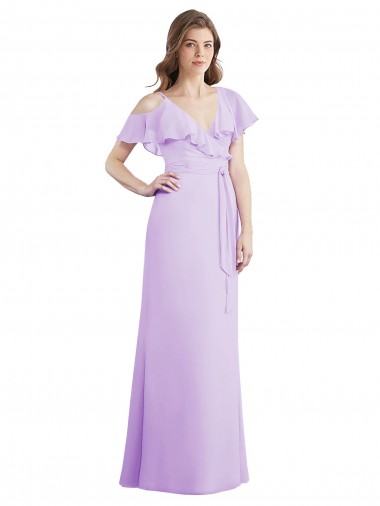 Discount Ruffled Neckline Cold Shoulder Long Chiffon Bridesmaid Dress