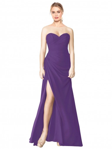 Discount Strapless Chiffon Bridesmaid Dress with Pleated Wrap Bodice and Side Slit