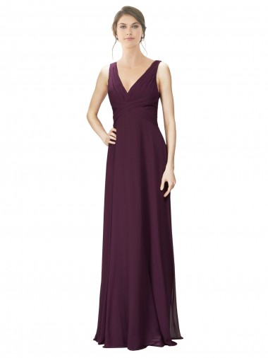 Discount Long Chiffon Bridesmaid Dress with Ruched Criss Cross V-Neck Bodice