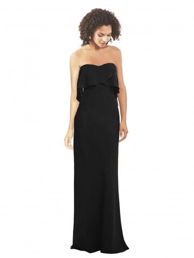 Discount Strapless Chiffon Bridesmaid Dress with cascading Flounce Crop Top Bodice