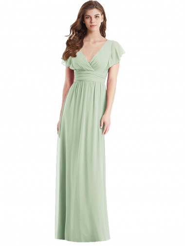 Discount Flutter Sleeves Draped Wrap V-Neck Chiffon Bridesmaid Dress