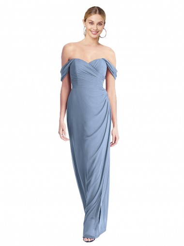 Discount Full Length Draped Off the Shoulder Maxi Bridesmaid Dress with Shirred Streamer