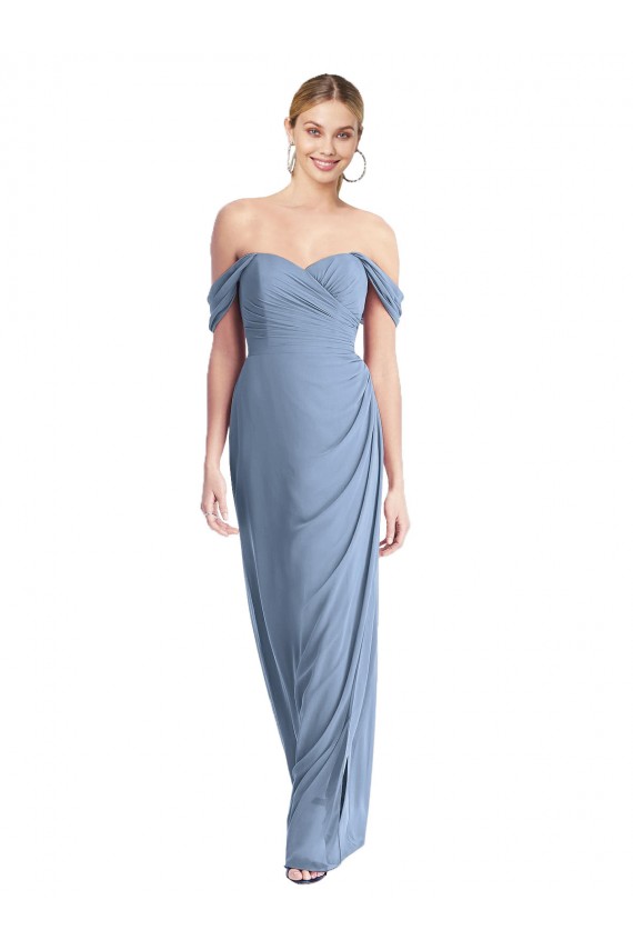 Discount Full Length Draped Off the Shoulder Maxi Bridesmaid Dress with Shirred Streamer
