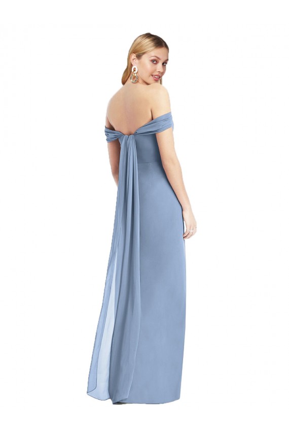 Discount Full Length Draped Off the Shoulder Maxi Bridesmaid Dress with Shirred Streamer