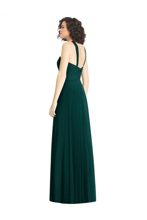 Discount Draped Halter Neck Long Chiffon Bridesmaid Dress with Low Back