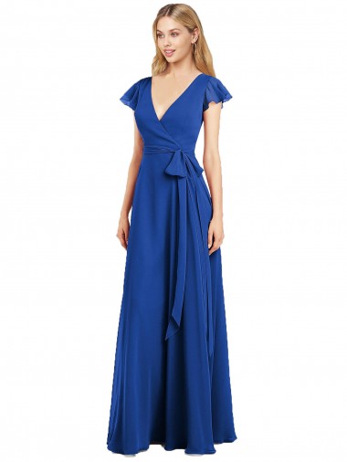 Discount Flutter Sleeves Faux Wrap Chiffon Bridesmaid Dress
