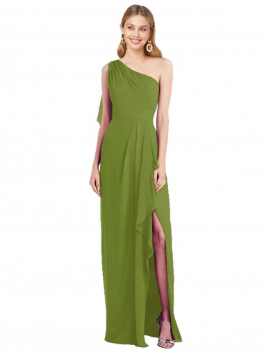 Discount One Shoulder Chiffon Bridesmaid Dress with Draped Front Slit