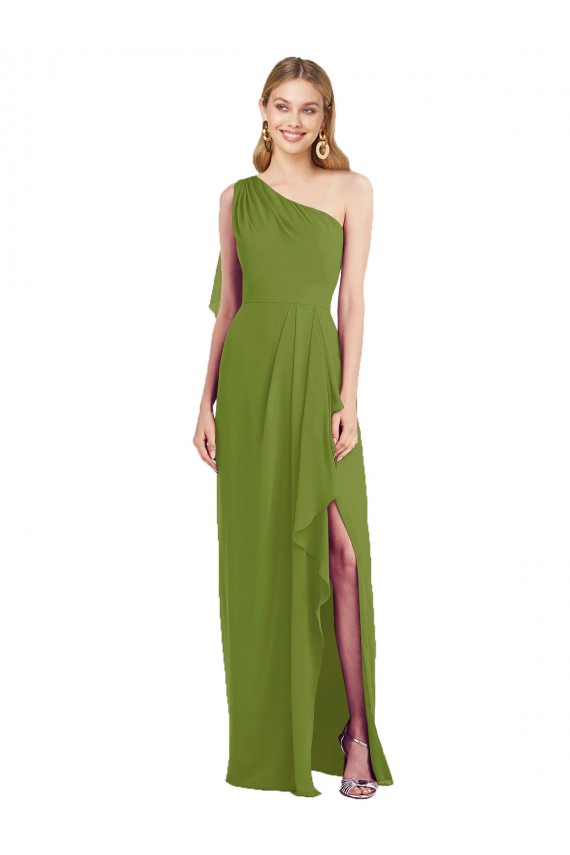 Discount One Shoulder Chiffon Bridesmaid Dress with Draped Front Slit