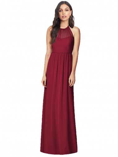 Discount Halter Neck Full-Length Shirred Chiffon Bridesmaid Dress
