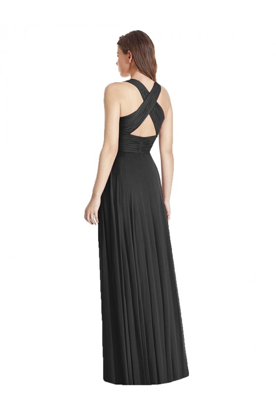 Discount Full Length V-Neck Chiffon Bridesmaid Dress with Wide Criss Cross Straps