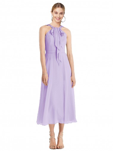 Discount Midi Length Halter Plunging V-Back Chiffon Bridesmaid Dress / Cocktail Dress
