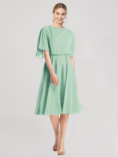 Discount Open Back Flutter Sleeves Cocktail Length Chiffon Bridesmaid Dress