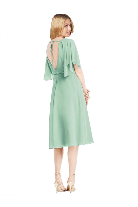 Discount Open Back Flutter Sleeves Cocktail Length Chiffon Bridesmaid Dress