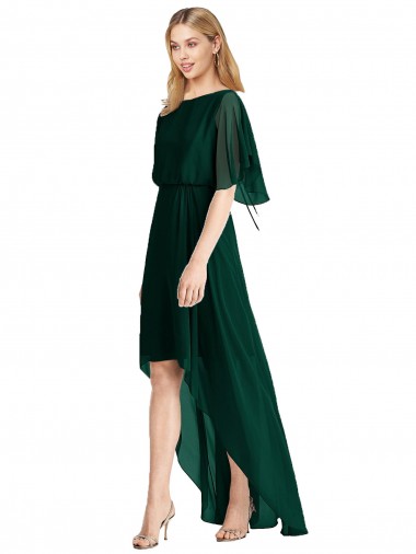 Discount Plunging V Back Flutter Sleeves Cocktail Length Chiffon Bridesmaid Dress