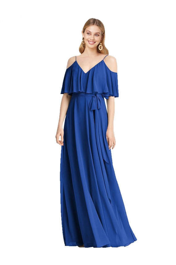 Discount Spaghetti Straps V-Neck Chiffon Bridesmaid Dress with Sash Tie