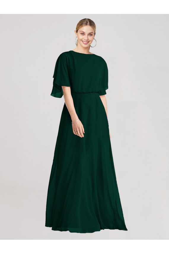 Discount Full-Length Flutter Sleeves Plunging V Back Chiffon Bridesmaid Dress