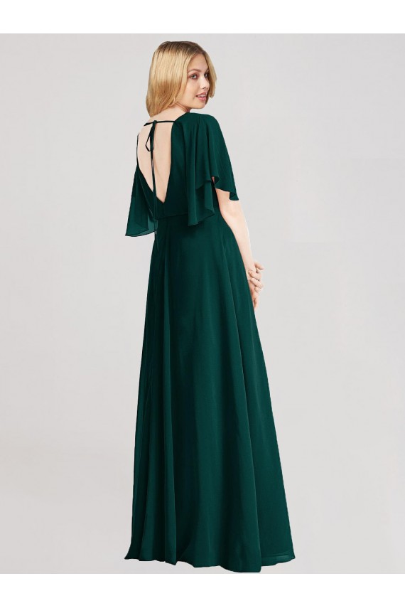 Discount Full-Length Flutter Sleeves Plunging V Back Chiffon Bridesmaid Dress